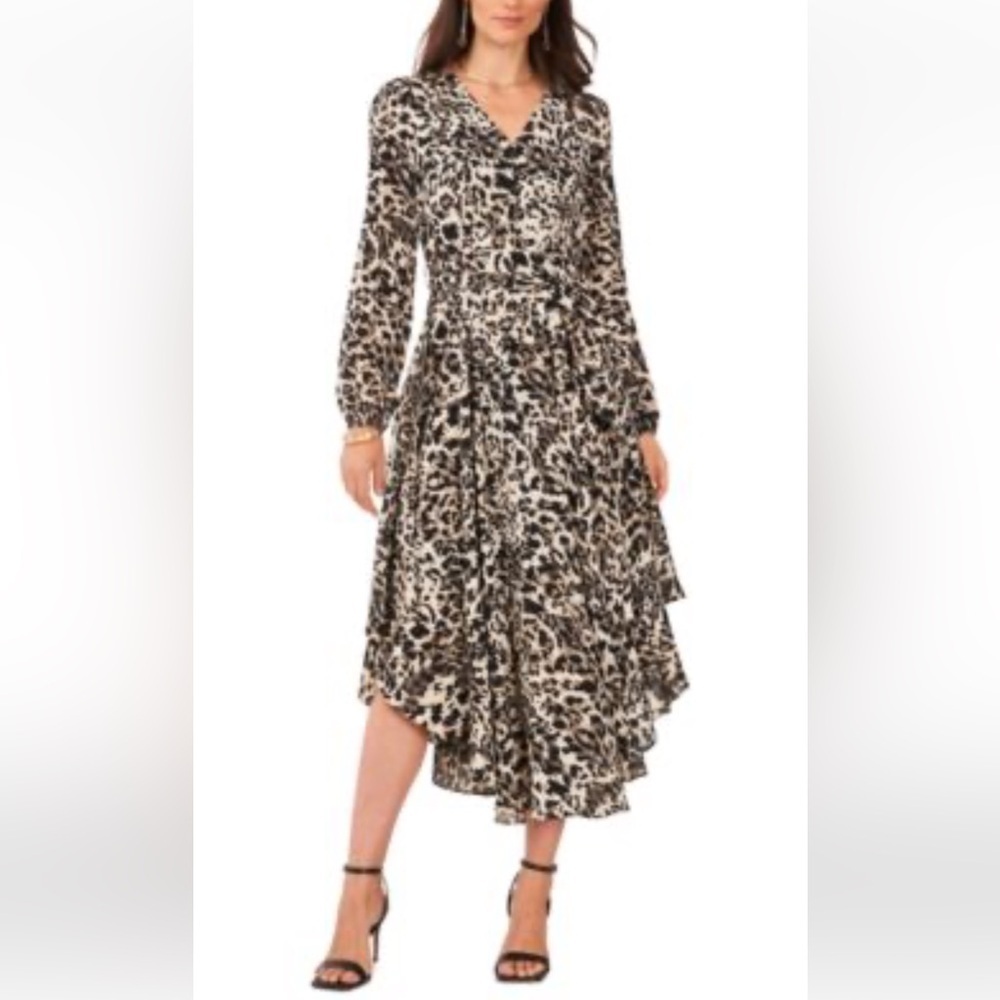 Vince Camuto Women's Belted V-Neck Blouson-Sleeve Dress,XL, Leopard Print,Office